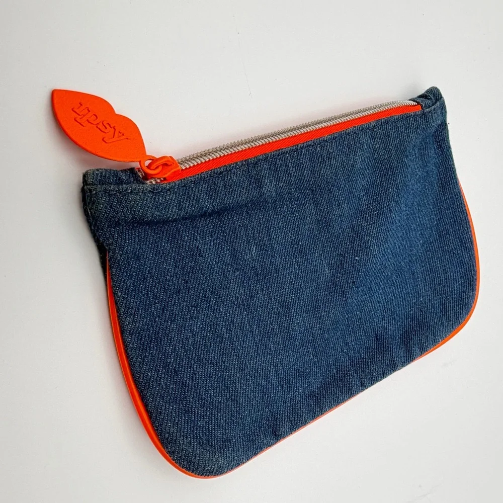 Ipsy Denim Makeup Bag Cosmetic Pouch Orange Lining‎ Zipper Glam Bag